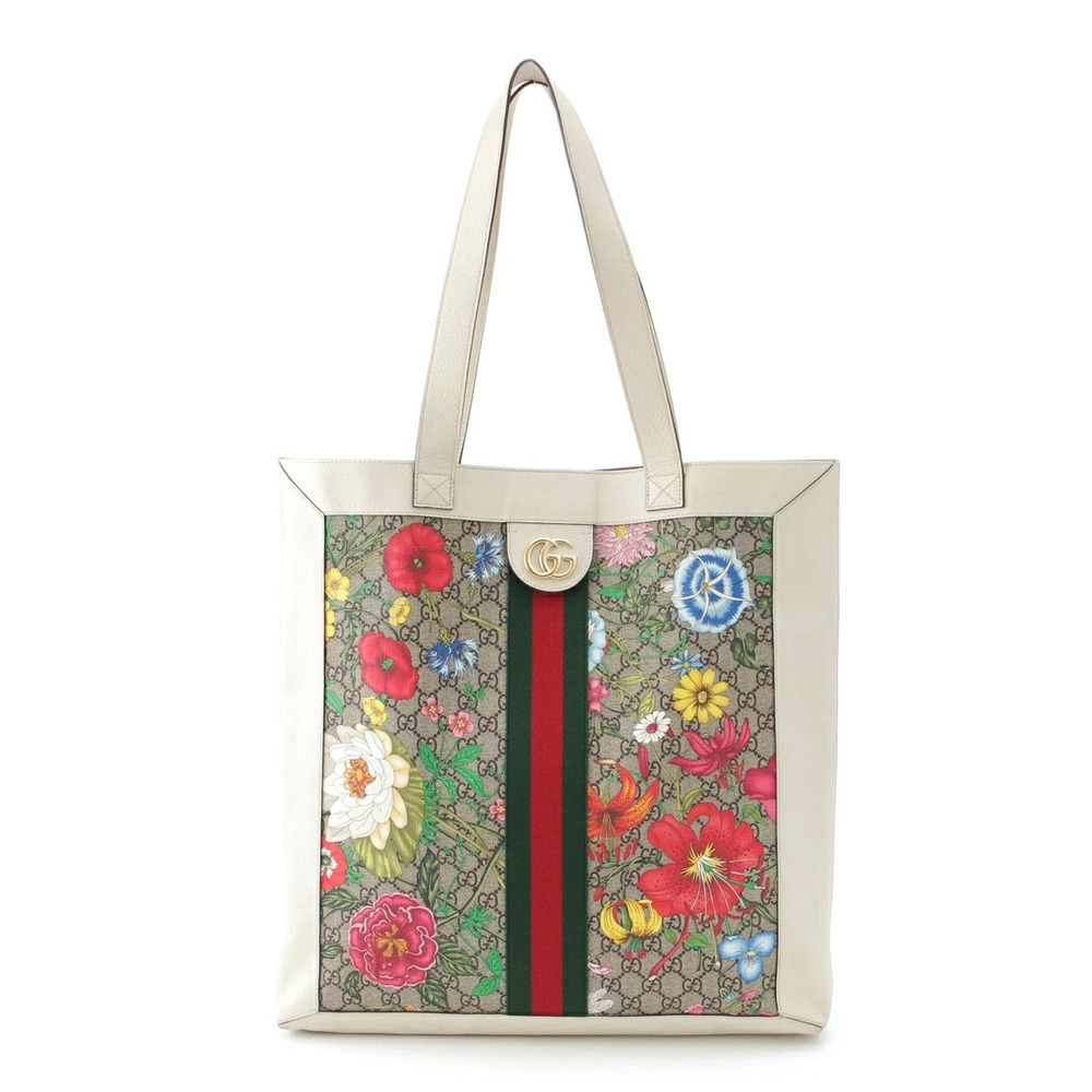 Gucci GG Supreme Canvas Ophidia Flower Tote Bag Pouch Clutch Off White